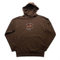 A brown pullover hoodie with a front kangaroo pocket and a red and white chest graphic featuring the iconic red Golden Gate Bridge