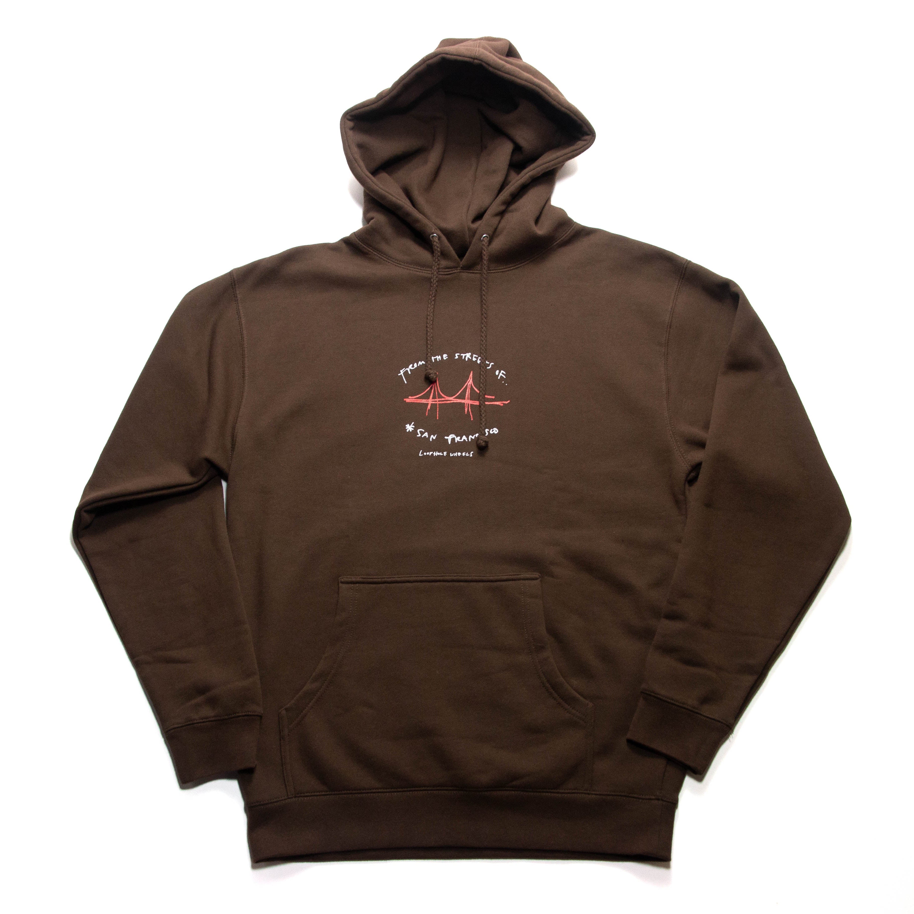 A brown pullover hoodie with a front kangaroo pocket and a red and white chest graphic featuring the iconic red Golden Gate Bridge
