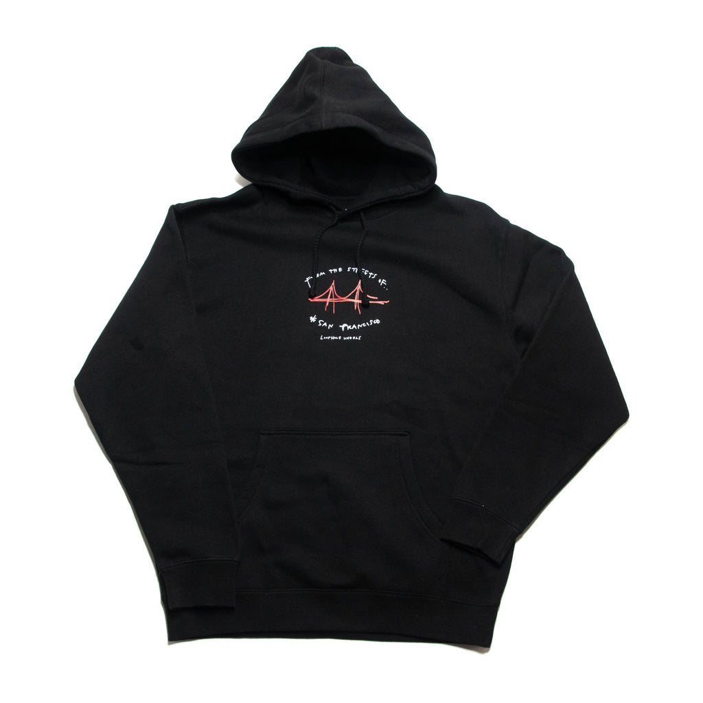 A black pullover hoodie with a front kangaroo pocket and a red and white chest graphic featuring the iconic red Golden Gate Bridge